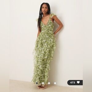 Lace & Beads ruffle tulle midaxi dress in olive floral  | Size 14